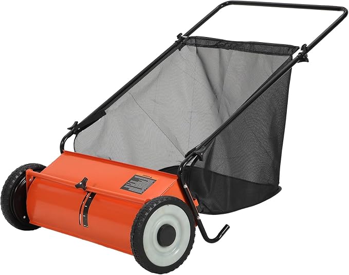 26-Inch Push Lawn Sweeper,7 Cu. Ft. Large Capacity Collection Bag,4 Spinning Brushes, Adjustable Height, Durable Steel Frame with Rubber Wheels, for Grass, Leaves & Debris Collector on All Terrains