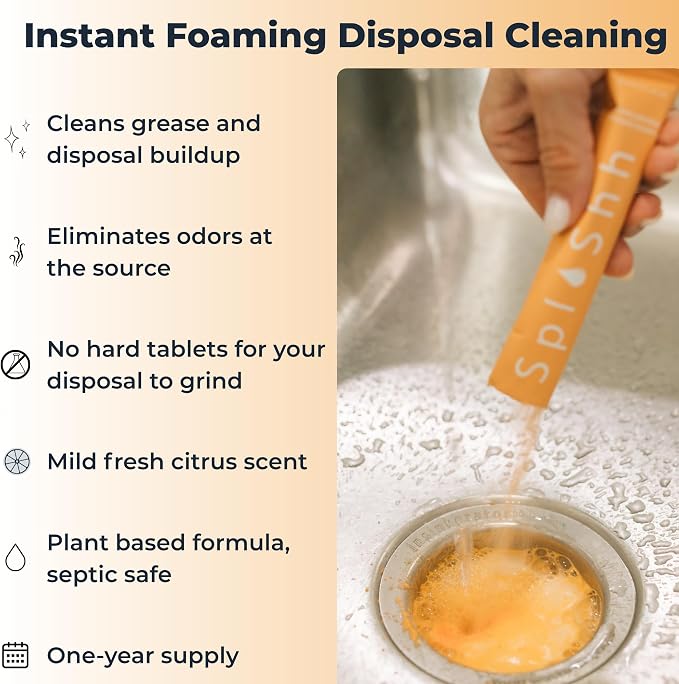 SplaShh Foaming Garbage Disposal Cleaner and Deodorizer, 25 Instant Foaming Powder Packets, 12-Month Supply, Mild Citrus Scent, Kitchen Sink Disposer Cleaner, Drain Odor Eliminator & Freshener