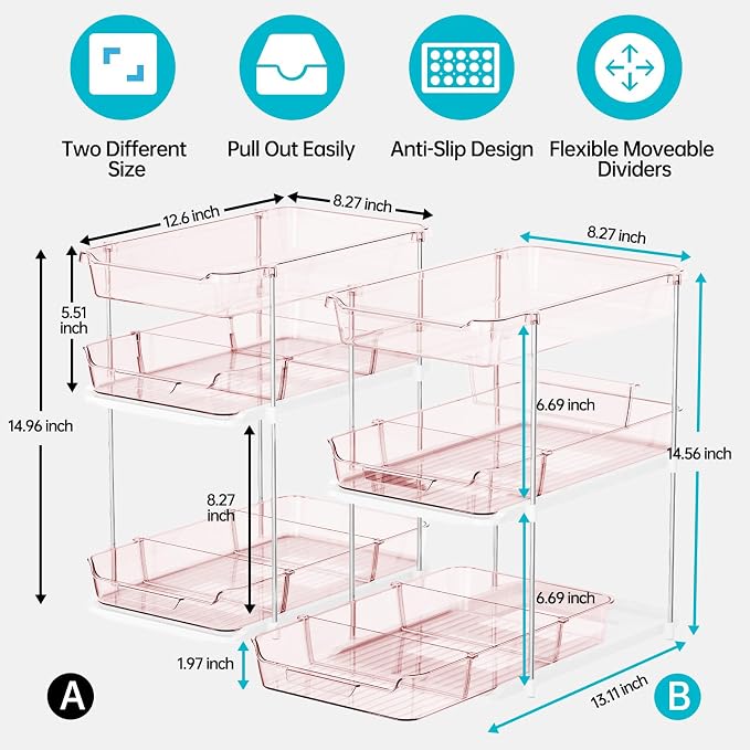 Delamu 2 Pack 3-Tier Bathroom Under Sink Organizers and Storage, Multi-Purpose Stackable Pantry Organization and Storage, Pull Out Clear Kitchen Bathroom Cabinet Organizer with Movable Dividers, Pink