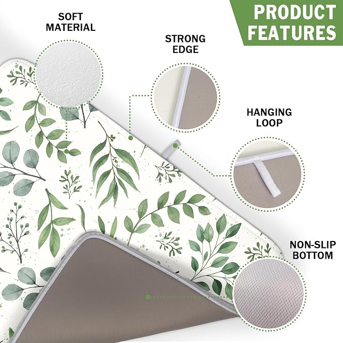Kawani Sage Green Dish Drying Mat 16x18 In Absorbent Reversible Eucalyptus Leaves Plant Drying Mat Green Plant Dish Drying Rack Mat Spring Summer Themed Dish Drainer Mat for Kitchen Counter Coffee Bar