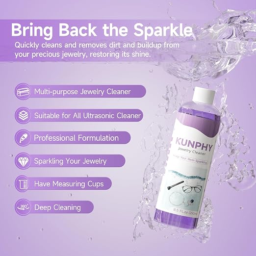 KUNPHY Upgraded Jewelry Cleaner, New Formula for All Ultrasonic Cleaners | 8.5 oz(250 ml), Enhanced Cleaning Effect, Multi-Purpose for Silver, Gold, Rings Diamond and Eyeglass