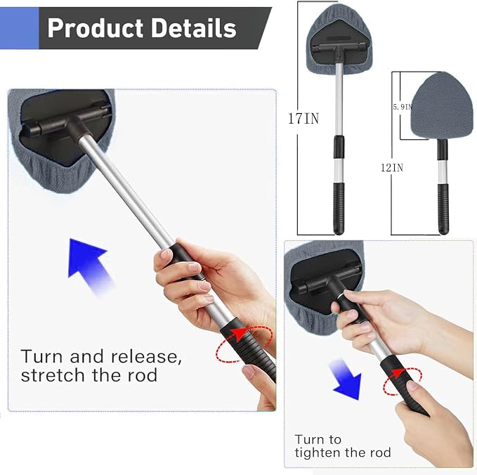 desin Windshield Cleaning Tool, Car Window Cleaner Windshield Cleaner with 4 Reusable and Washable Microfiber Pads and Extendable Handle Auto Inside Glass Wiper