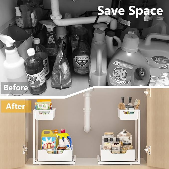 Ceetug Under Kitchen Sink Organizers and Storage, White, 2 Pack | Slide Out Drawer, L-shape, 2 Tier, Cabinet Organizer for Kitchen Bathroom