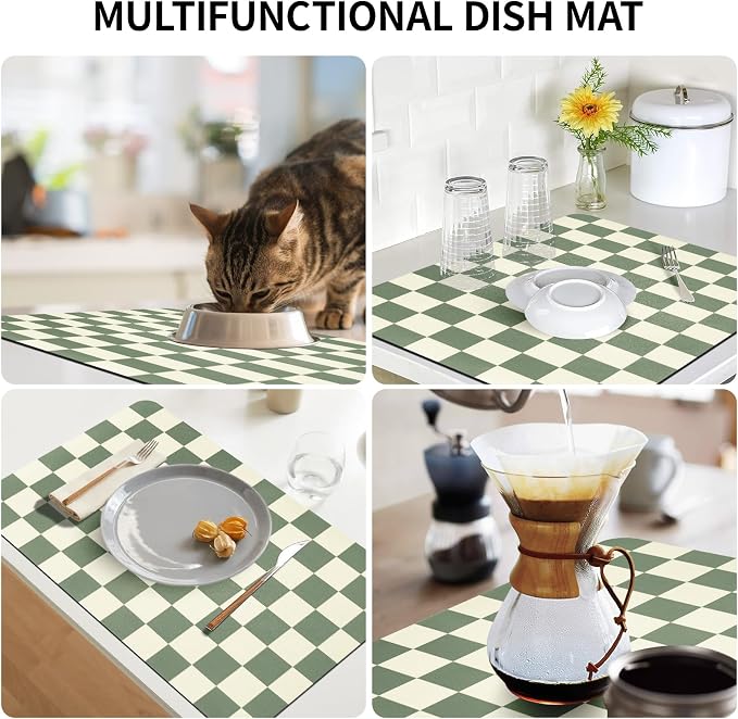 Dish Mat Drying Kitchen Mat, ,16"x 24" Super Absorbent Kitchen Dish Drying Pad for Countertop, Easy to Clean Drainer Mats with Non-slip Rubber Backed for Kitchen Counter,Green Checkered