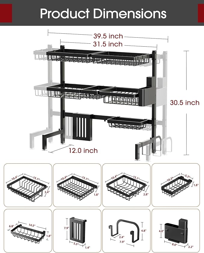 Sakugi Over The Sink Dish Drying Rack - Adjustable 3 Tier XX-Large Capacity Stainless Steel Drainer with Cutlery & Utensil Holders, Kitchen Storage & Organization, 31.5"-39.5"L x 12"W x 30.5"H, Black