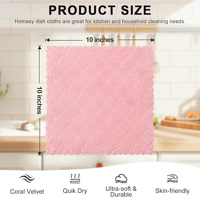 Homaxy 12 Pack Kitchen Dish Cloths (10 x 10 Inches, Pink), Super Soft and Absorbent Coral Velvet Dish Towels, Nonstick Oil Fast Drying Microfiber Cleaning Cloth, No Lint Household Dishcloths
