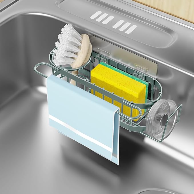 Cisily Kitchen Sink Caddy Sponge Holder in The Sink, Stainless Steel Kitchen Sink Organizer, Brush Holder, Dish Cloth Hanger, Sink Stopper Holder (Suction cup-Sage Green)