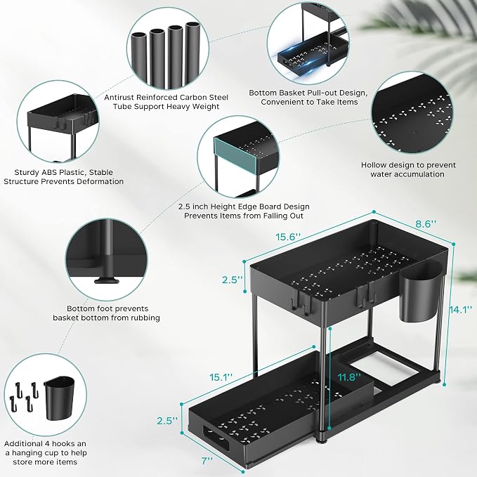 2 Pack Under Sink Organizer with Pull-Out Drawer, Black | 2-Tier Cabinet Storage, Kitchen & Bathroom, Tool-Free Assembly, Fits Cleaning Supplies & Toiletries, Space Saving