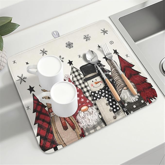 Giwawa Winter Snowman Gnome Dish Drying Mat Xmas Tree Dishes Pad 16"x18" Microfiber Fast Dry Dish Drainer Rack Mats Kitchen Countertop Accessories
