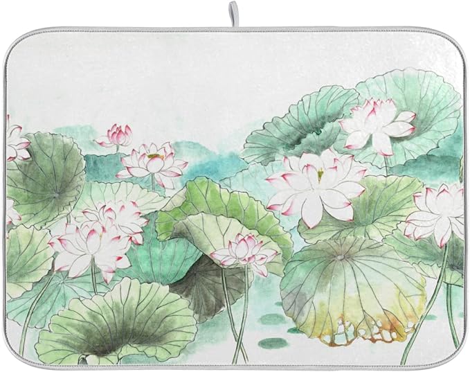 Absorbent Dish Drying Mat for Kitchen Counter - Lotus Watercolor Microfiber Drying Pad, Reversible Drainer Mats for Countertop, Small 16 x 18 inch