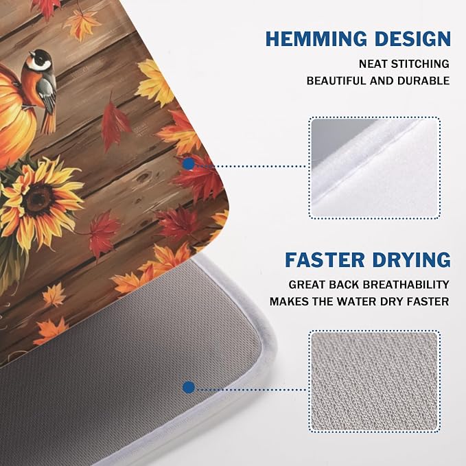Fall Pumpkin Dish Drying Mat for Kitchen Counter Thanksgiving Autumn Harvest Pumpkin Microfiber Dish Drainer Mat Rustic Farmhouse Absorbent Washable Drying Pad 18"x24"