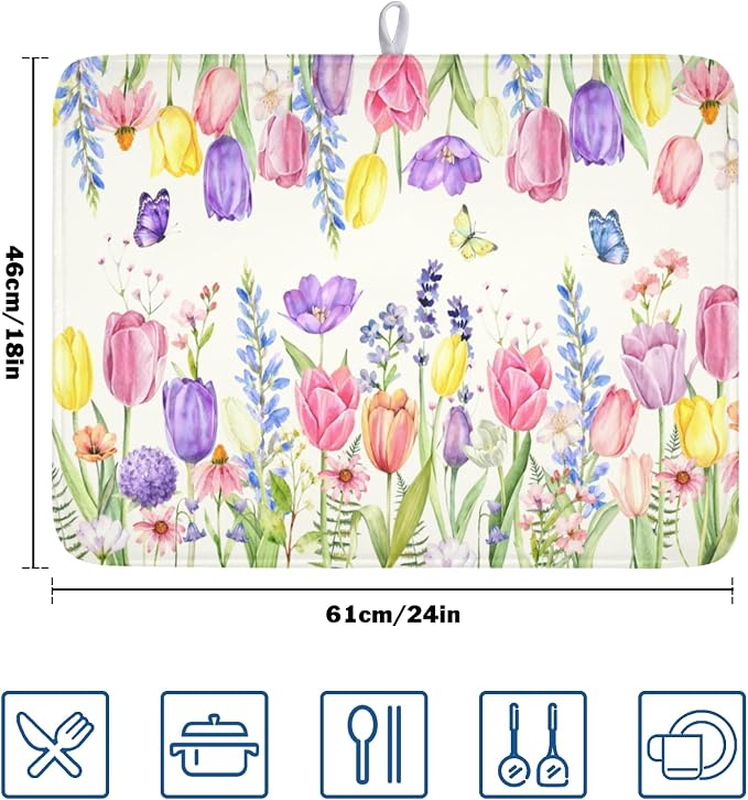 Spring Floral Dish Drying Mat for Kitchen Counter Easter Tulip Lavender Flower Microfiber Dish Drainer Mat Rustic Farmhouse Absorbent Washable Drying Pad Extra Large 18"x24"