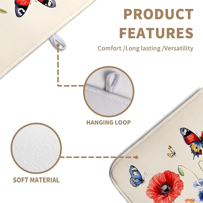 Patriotic Dish Drying Mats for Kitchen Counter 4th of July Kitchen Dishes Dryer Pad Red Blue Flowers Absorbent Dish Mat Microfiber Washable Foldable Reusable Large 18x24 in