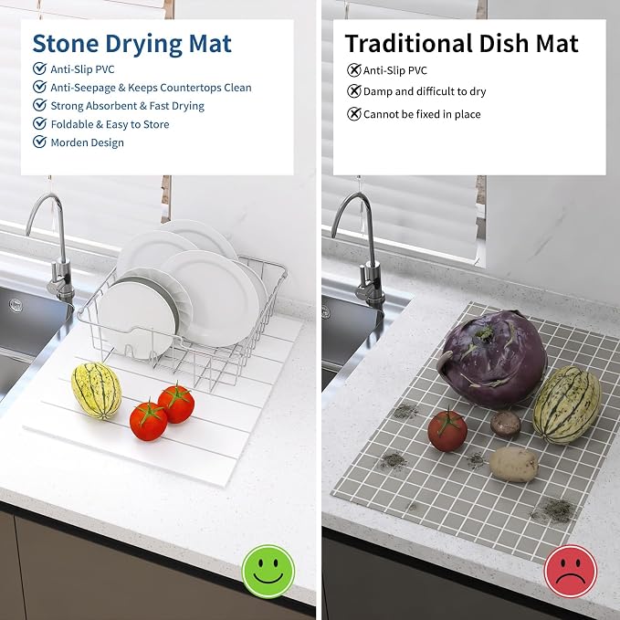 Hopegiver Stone Drying Mat for Kitchen Counter, 16" x 12" Quick Dry Diatomaceous Earth Dish Drying Mat, Super Absorbent, Non-Slip & Foldable, Modern White Countertop Mat (White,16''x12'')