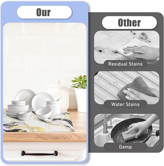 Sofort Dish Drying Mat for Kitchen Counter, Gold Black Marble Dish Drying Pad with Non-slip Rubber Backed, Super Absorbent Drying Mats for Dish Rack, Coffee Maker 16 x 24 Inches