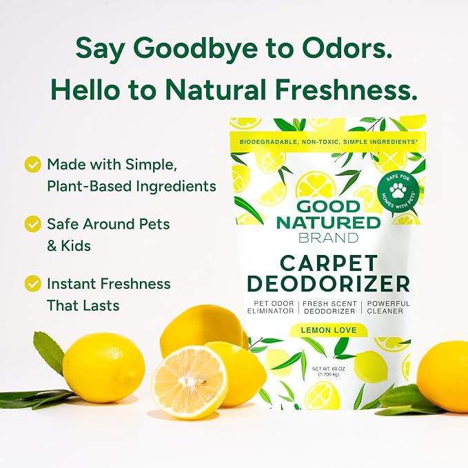 Good Natured Brand | Carpet Deodorizer & Freshener Powder | 60 oz Pet Odor Eliminator for Strong Odor & Pet Urine | Fresh Natural Lemon Love | Safe for Homes with Pets