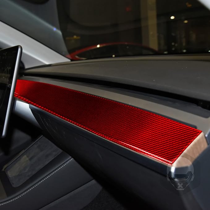 Red Real Carbon Fiber Trim for Tesla Accessories | for Model 3 2017-2022 / Model Y 2020-2024 Dashboard Instrument Panel Sticker Interior Thick Overlay Decal