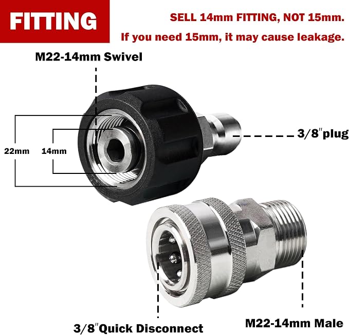 LIULO TOOL Pressure Washer Quick Connect Kit, Stainless Steel Quick Disconnect Kit, M22 14 mm Metric Male Thread Quick Connector, M22 Swivel to 3/8" Quick Connect (4 Pack)