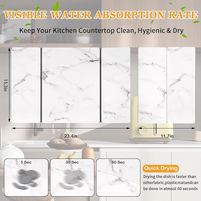 Stone Dish Drying Mat for Kitchen Counter, 24''×15'' Dishes Drying Matt Kitchen Counter, Absorbent Diatomaceous Earth Bath Quick Dry Mats for Tableware, Bottles and Cup(White Marble)