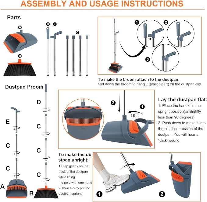 Broom and Dustpan Combo Set, 51" Long Handle Broom with Mini Set | Mini Set for Tables, Kitchens & Tight Spaces, Built-in Comb Dustpan, Foldable Space-Saving Storage, Multi-Surface Use