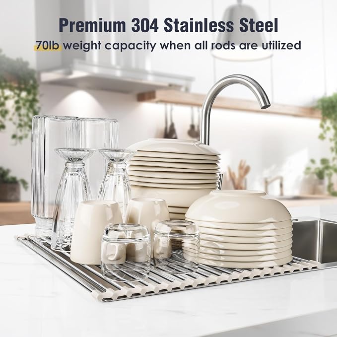 Tomorotec 21" x 15.5" Roll Up Dish Drying Rack Over Sink Drying Rack Sink Cover Kitchen Sink Accessories Gadget Multipurpose Organizer Foldable Stainless Steel Drainer
