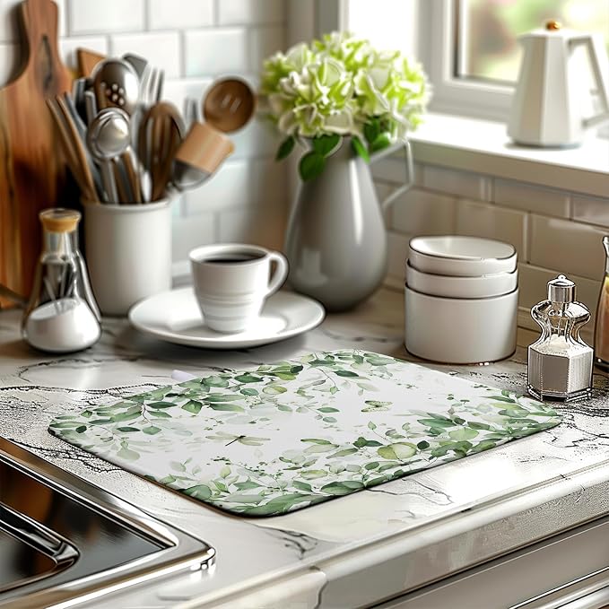 Sage Green Dish Drying Mat for Kitchen Counter Eucalyptus Leaves Plant Dishes Drying Mats Absorbent Microfiber Dish Drainer Mat Spring Summer Dish Drying Pad Medium Kitchen Accessories 16"x18"