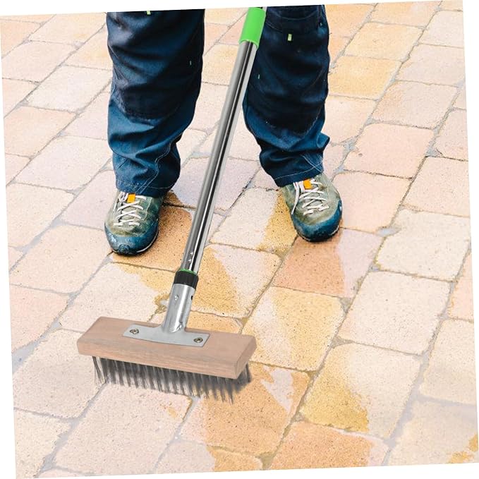 Long Handle Scrub Brush Stiff Bristle Stainless Steel Brush for Outdoor Cleaning for Concrete Pool Surfaces Removes Moss Tough Stains