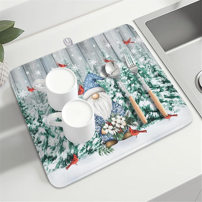 Giwawa Winter Gnome Dish Drying Mat Pine Tree Dishes Pad 16"x18" Microfiber Absorbent Fast Dry Drainer Rack Mats Protector for Kitchen Countertop