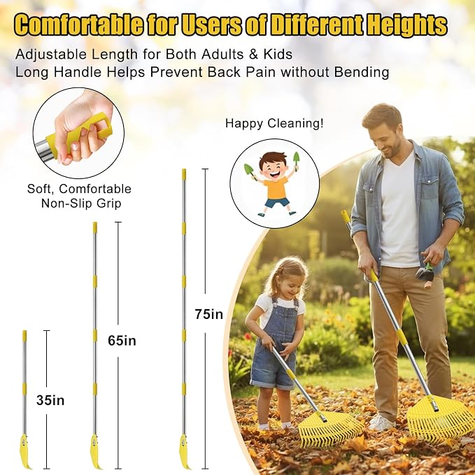 Lightweight Leaf Rake for Lawns - Anti-Break Nylon Plastic Head,Easy Yard & Garden Rake for Women,Seniors,Kids, 16.5" Wide for Leaves, Grass,Pine Needles,Gardening,Adjustable 35–65" Long Handle