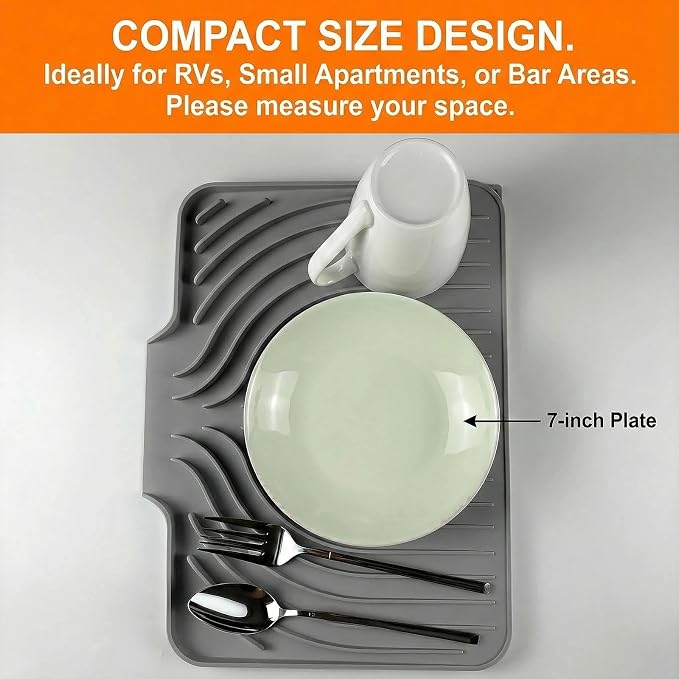 Dish Drying Mat for Kitchen Counter, with Built-in Drain Lip, Food-Grade Silicone, Easy Clean Pad for Countertop Protection, Multi-Functional Use (14.7x10.2, Grey)