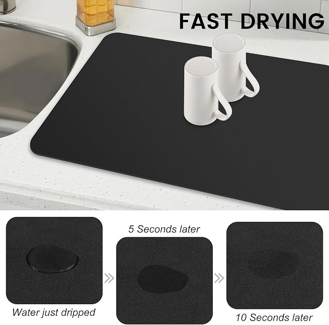 WISELIFE Dish Drying Mat Super Absorbent Drying Mat Large Dish Drying Mats for Kitchen Counter Easy Clean Dish Mat Kitchen Drying Mat16"x 24" Classic Black