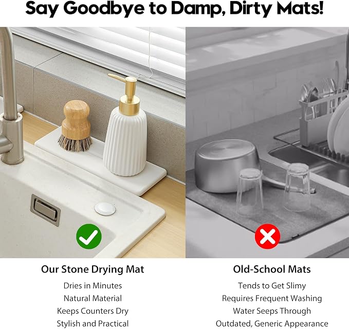 2 Pack Diatomite Stone Sink Tray, Water Absorbing Mat for Kitchen & Bathroom Counter, Quick Dry Soap Dish Makeup Vanity Caddy,Sponge Holder Organizer, White - 2pcs of 9"x 3.5"