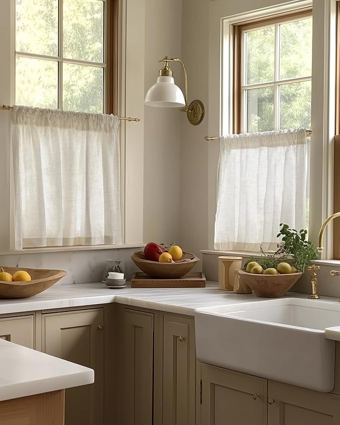 jinchan Linen Tier Curtains with Lined, 26x45, 2 Panels, Natural | Light filtering, rod pocket, cafe curtains, machine washable, small window treatment, cottage style, kitchen, laundry room