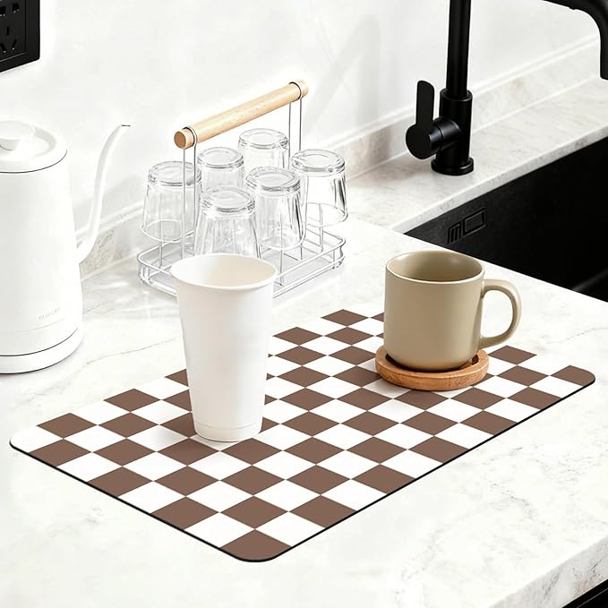 Checkered Dish Mat for Kitchen Coffee Station, 12" x 20"Coffee Brown | Quick Drying & Absorbent Mat for Coffee Bar Espresso Machine Countertops Accessories
