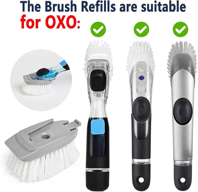 Dish Brush Refill Head 4 Pack Compatible with OXO Dish Brush Head | Stiff nylon bristles, built-in scraper, twist-to-replace mechanism, durable plastic, for soap dispensing models