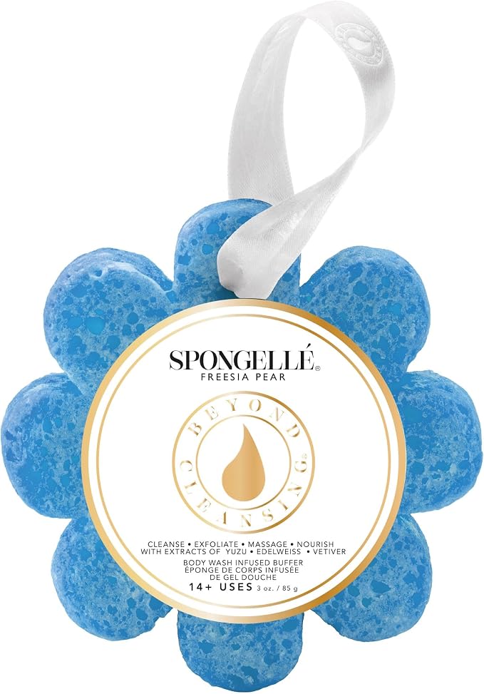 Spongellé Freesia Pear Wild Flower Bath Sponge | Built-in Body Wash & Body Scrubber, Shower Loofah Sponge for Women | 14+ uses