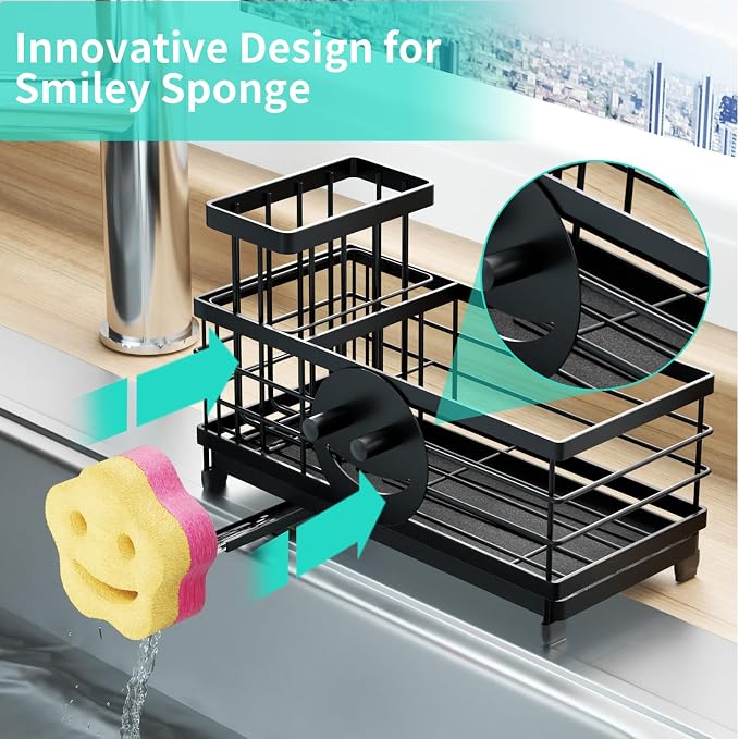 HapiRm Sponge Holder for Kitchen Sink - Self-draining Sink Caddy with Smiley Face and Brush Holder, Stainless Steel Kitchen Countertop Essentials and Gadgets - Black