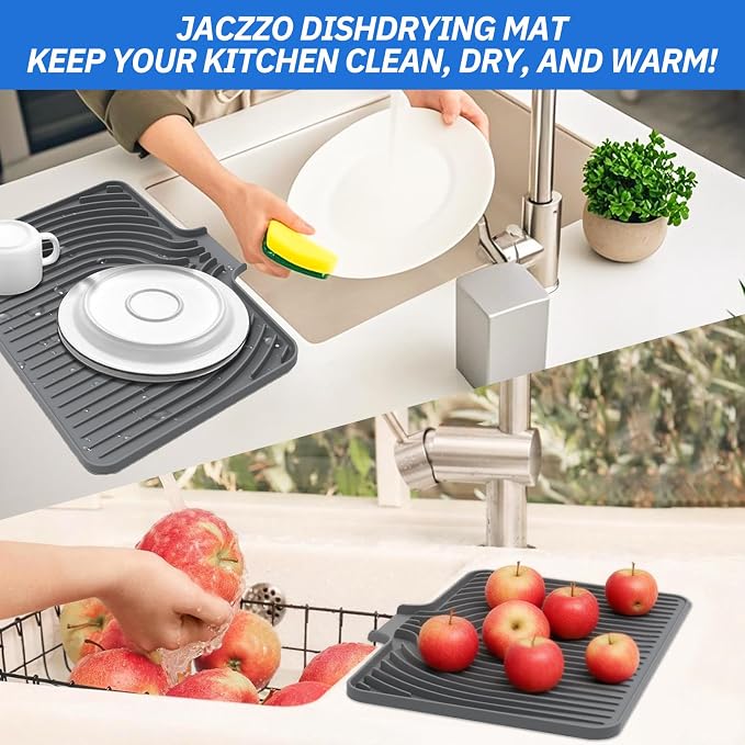 JACZZO Silicone Dish Drying Mat for Kitchen Counter, 19.7" x 17.2" Large Drying Mat with Built-in Drain Lip, Heat Resistant Countertop Protector Pad, Fast Drying & Easy Clean, Grey