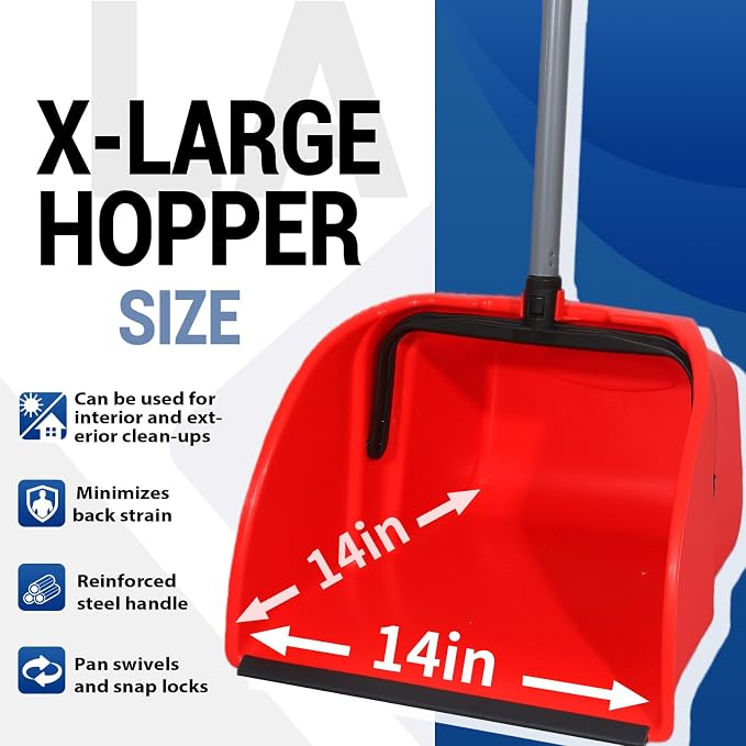 Commercial Broom and Dustpan Set, Jumbo Lobby Debris Dustpan (14inch*14inch), Heavy Duty Broom (14inch Width), 2 Sets, Red,for Indoor and Outdoor Cleaning,Red