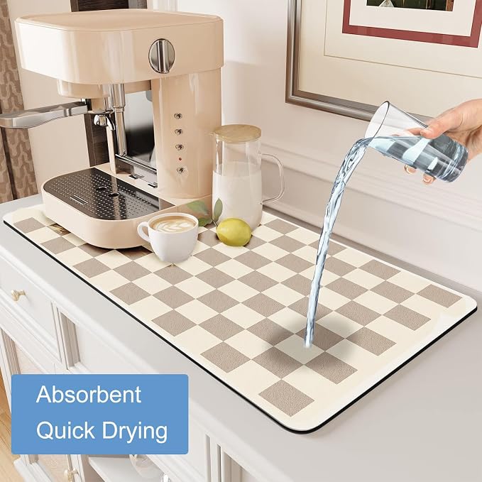 Clinuse Coffee Mats, 19"x12" Checkered Dish Drying Mat for Kitchen Counter, Quick Dry Mat, Diatomite Absorbent Aesthetic Large Drying Mats for Coffee Bar - Khaki White