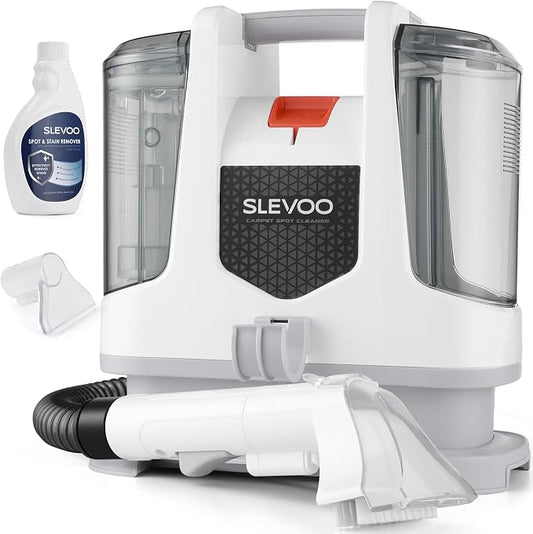 Slevoo 400W 18Kpa Carpet Cleaner Machine with 1 Bottle Cleaning Solutions | Strong Suction Upholstery Spot Cleaner for Pet Accidents Car Interiors Rugs Furniture, Dual 40oz Tanks, 16.4ft Cord, White
