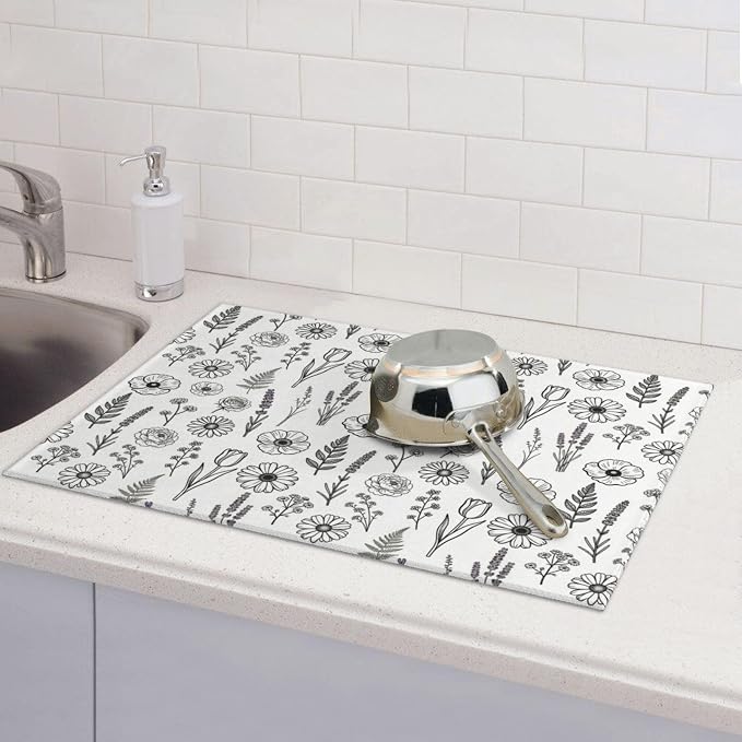Black and White Floral Aesthetics Dish Drying Mat, for Kitchen Counter Microfiber Absorbent, Dish Draining Mat Extra Large 18"x24"
