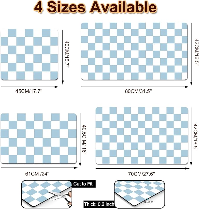 Dish Drying Mat for Kitchen, 16'' x 24'' Checkered Coffee Bar Mat for Countertops, Coffee Station Mat with Non-slip Rubber Backed, Absorbent Dish Dying Pat for Kitchen Counter, Blue & White
