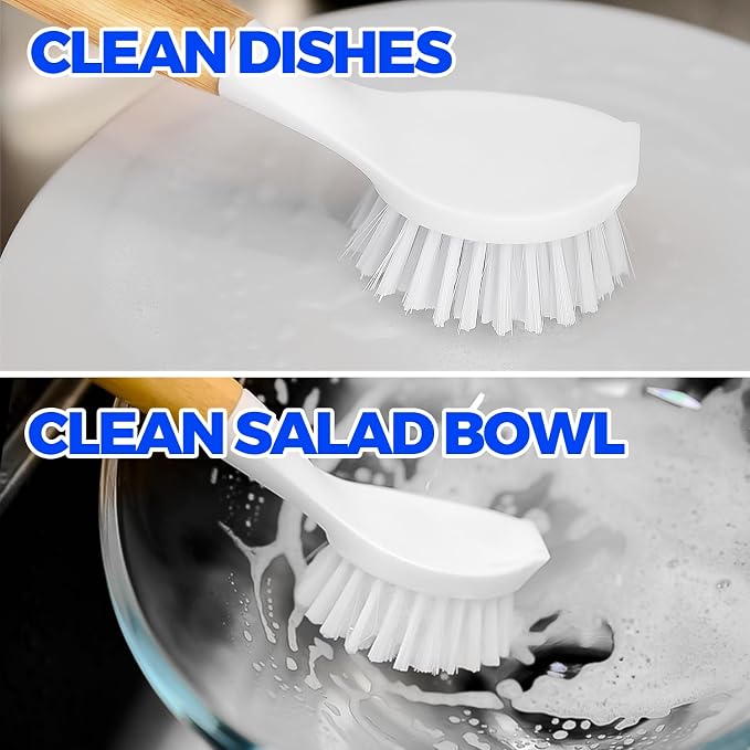 Holikme 3 Pack Dish Brush Set with Bamboo Handle, Kitchen Cleaner for Cleaning Pasta Plate, Salad Bowl, Scrubber with Soft Bristles, White