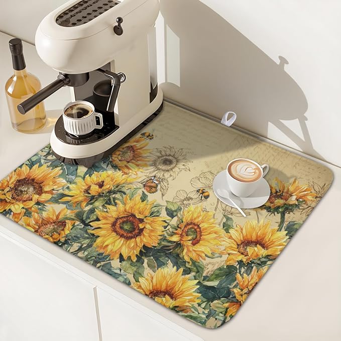 Sunflower Dish Drying Mat for Kitchen Counter Vintage Yellow Sunflowers Microfiber Dish Drainer Mat Spring Summer Watercolor Floral Absorbent Washable Drying Pad Extra Large 16"x18"