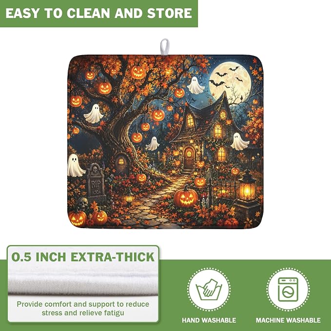 Halloween Dish Drying Mat for Kitchen Counter Seasonal Holiday Fall Spooky Pumpkin Ghost Microfiber Dish Drainer Mat Vintage Rustic Absorbent Washable Drying Pad 16"x18"