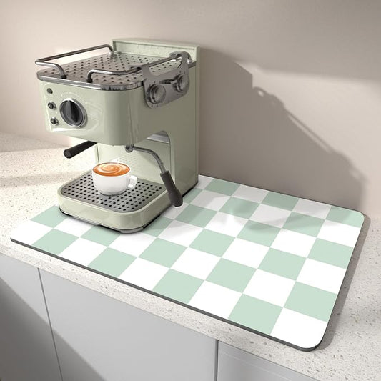 Dish Drying Mat for Kitchen Counter, 12" x 20" Checkered Coffee Bar Mat for Espresso Machine, Absorbent Stain-Resistant Countertop Protector, Non-Slip Back Drying Pad for Coffee Maker, Green & White