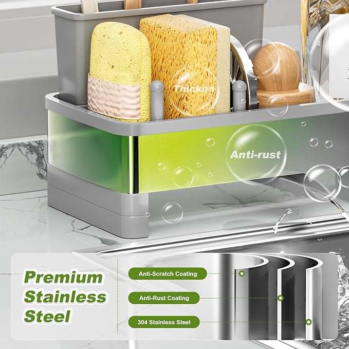 Ewaiira Stainless Steel Sink Caddy, Sponge Holder for Kitchen Sink with Brush Holder Dishcloth Rack, Rustproof Sink Organizer Countertop, Soap Dispenser Kitchen Organizers Storage Essentials, Gray9.8″
