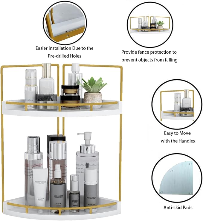 Dorhors 2-Tier Bathroom Counter Organizer,Vanity Counter Corner Shelf, Skincare, Wood Countertop Bathroom Storage and Organization for Kitchen (Gold)