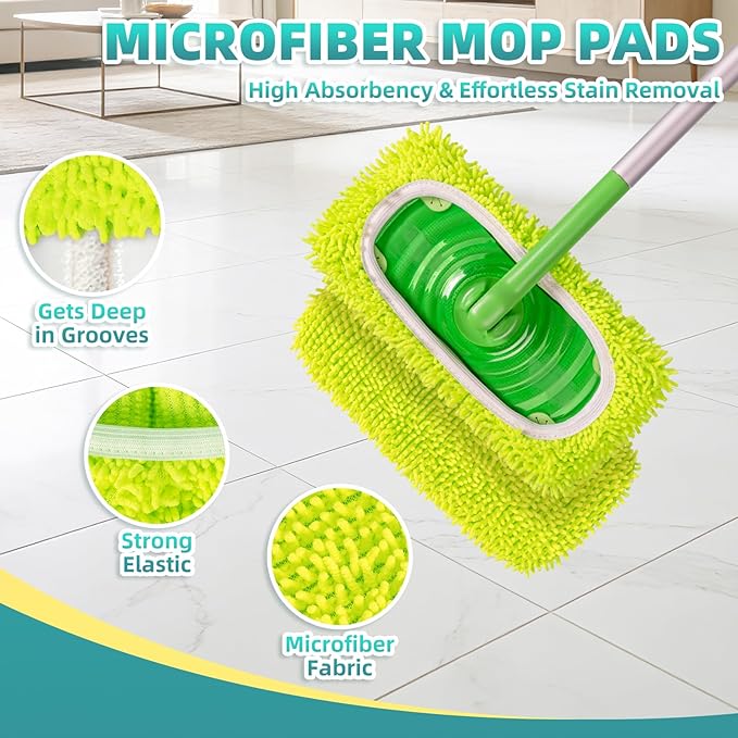 6 Pack Reusable Mop Pads for Swiffer, Washable Wet Pads Refill, Green&Pink | Compatible with Swiffer Sweeper Mop | Microfiber Mop Pads for Swiffer | Dry Sweeping Cloths for Mopping Floors